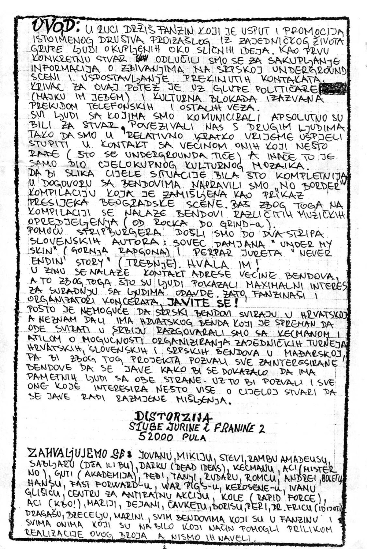 redakcija fanzina Distorzija - Uvod - broj 1 - mart 1994